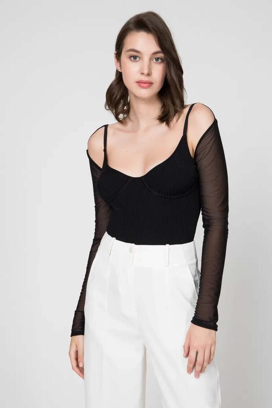 Patrizia Pepe Ribbed Top US M IT II Womens Black Sheer Sleeve $245